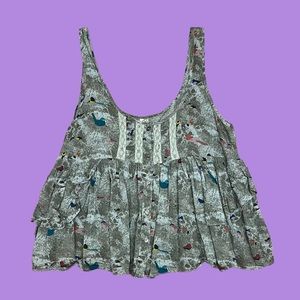 Free People Tunic Top Women's Small Bird Print Anthropologie Boho Tiered Flowy